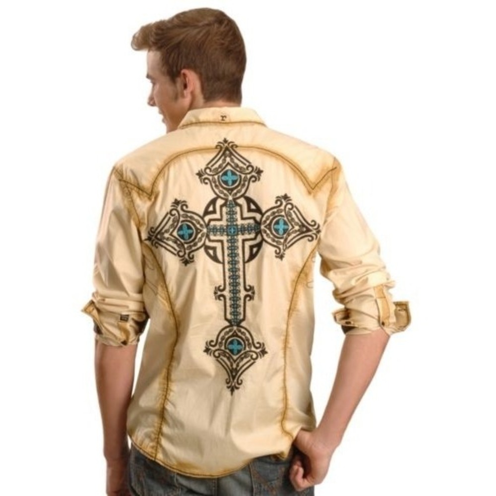 Roar Signature Shirt Men XL Beige Embroidered Cross Button Up Tried and True